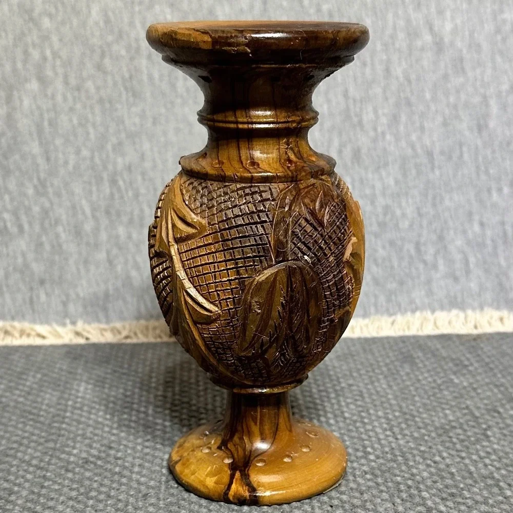 Vtg Hand Carved Boho Olive Wood Bud Vase Holy Land Gazelle Deer Animal Relief 6